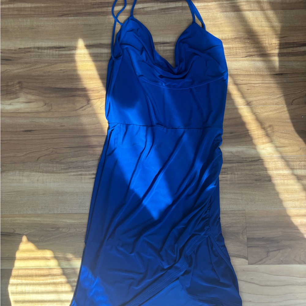 Blue Cowl Neck Mini Dress. strappy details and asymmetrical hem. Charlotte Russe